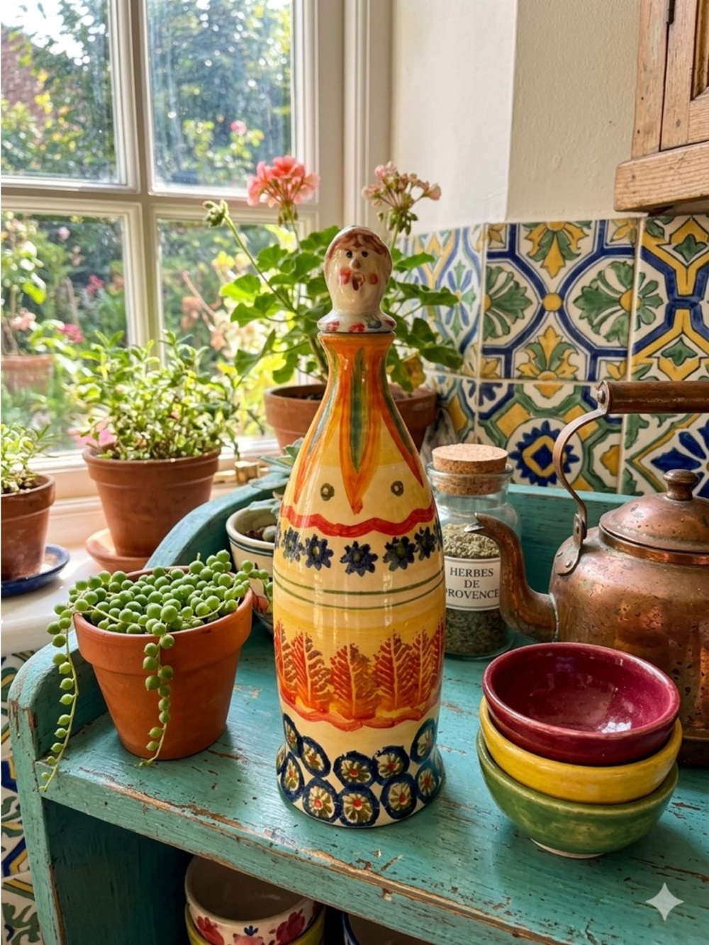 Vintage Italian Whimsical Majolica Pottery Hand Painted Bottle Stopper or Vase